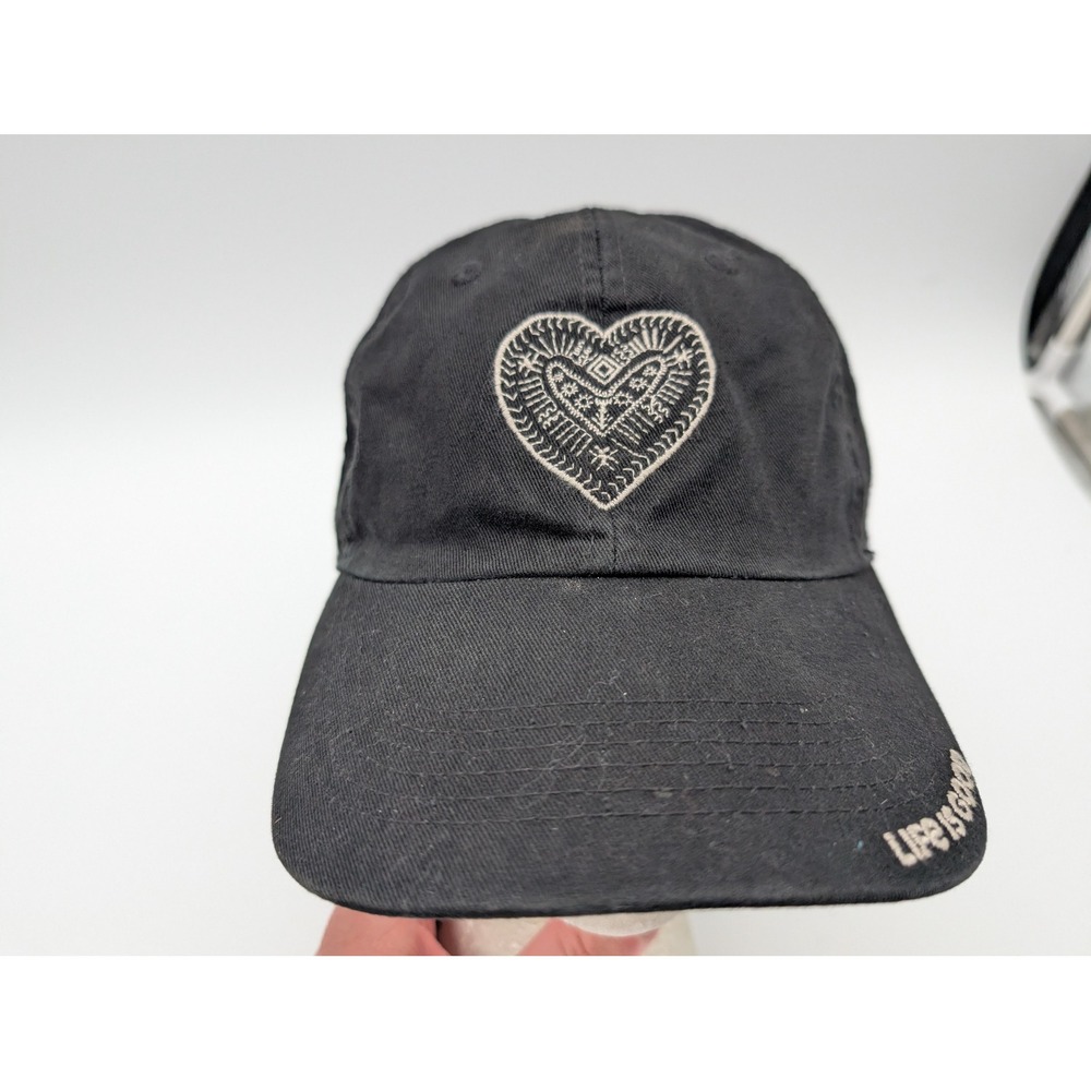 Life is Good Black Cotton Embroidered Heart Baseball Hat Adjustable Strap Cap